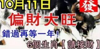 10月11號日偏財大旺,6個生肖請接財